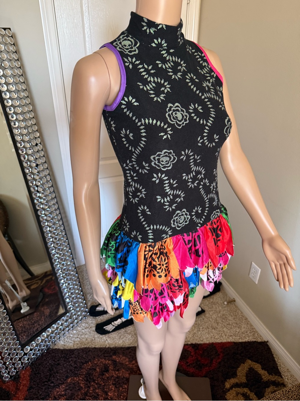 monster high Black Floral Mock-Neck Tank with Multicolor Ruffle Hem